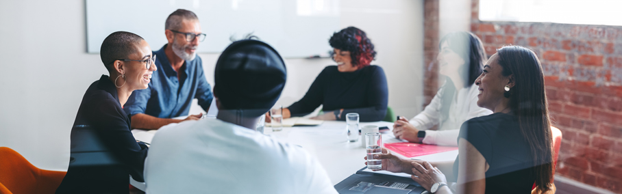 Group of people at conference table talking