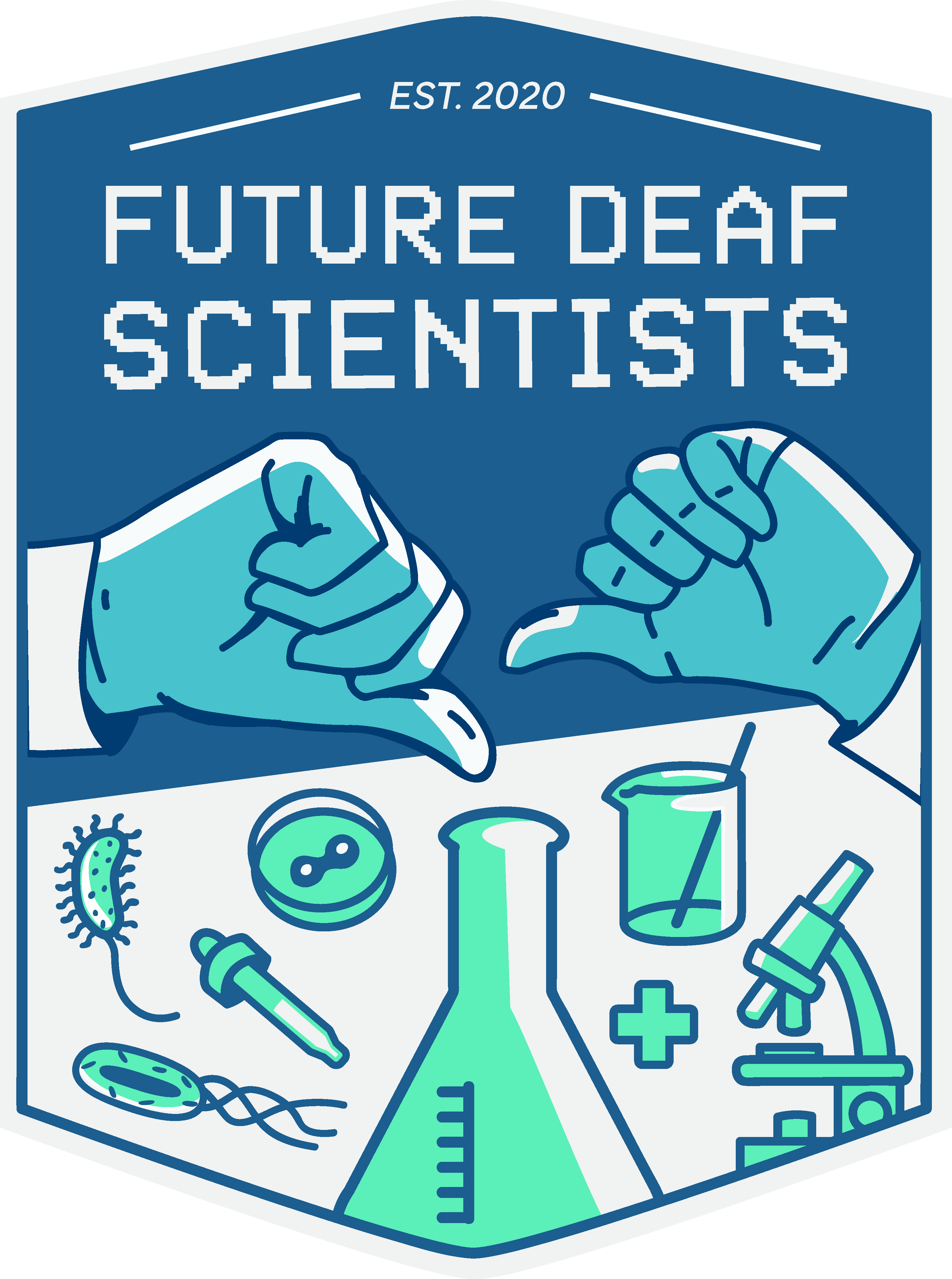 Logo for Future Deaf scientists featuring science elements symbolizing the importance of deaf representation in STEM.