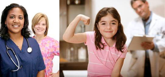 The phlebotomist and a patient flexing her bicep