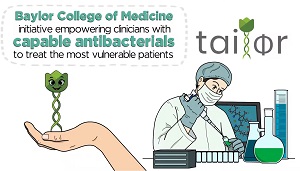 Baylor College of Medicine initiative empowering clinicians with capable antibacterials to treat the most vulnerable patients. Phage character held in hand with researcher working with pipette in lab beneath the word tailor.