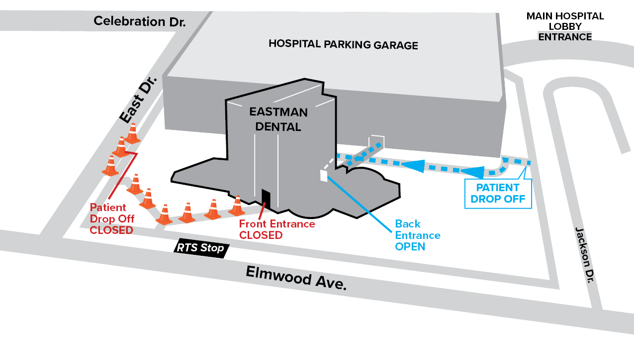 a map of the Eastman Dental building, showing that the front entrance facing Elmwood Avenue and the patient drop-off area on East Avenue will be closed for construction. It also shows the path to take to the back entrance, from the hospital parking garage and from a temporary patient drop-off location on Jackson Drive.