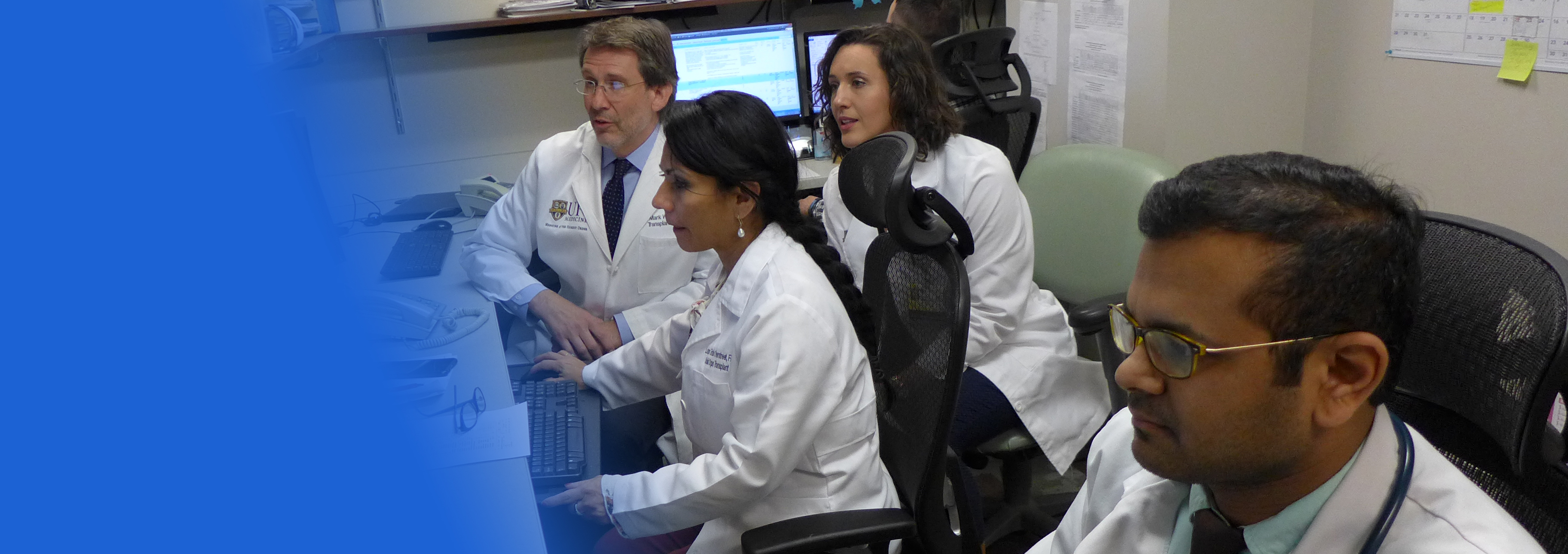 Fellows discussing information on a computer with faculty