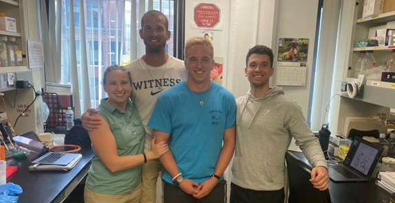 L to R, Carol Deaton, Peter Girardi, Jacen Emerson, Joel Rodwell-Bullock.   Jacen's last day in the lab before he went to the Univ. of Michigan for graduate school!