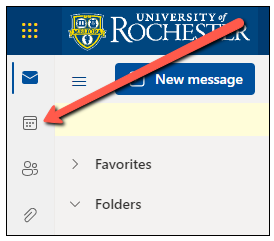 Outlook Web Access with red arrow pointing to the calendar icon