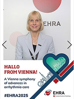Portrait of Valentina Kutyifa, MD, PhD, with a social media frame that says, Halo from Vienna! A Vienna symphony of advances in arrhythmia care #EHRA2025 EHRA European Society of Cardiology