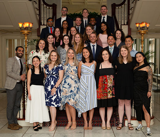 2025 Internal Medicine Residency graduates. Front: Keyan Zarei, MD, PhD, Jade Walden, MD, Nataliia Paone Aerton, MD, Aneliya San, MD, Anne Zhang, MD, Maya Shumyatcher, MD, Rachel Turner Hilley, MD, and Xingyi Shi, MD. Second row: Nina Rizk, MD, MPH, MS, Christina Moore, MD, Emma Hassell, MD, Lauren Lewis, MD, Louis Arens, MD, Michael Tiongson, MD, and Tony Sun, MD, PhD. Third row: Kelsey LaPiano, MD, Meghan DioGuardi, MD, Kristen Clements, MD, PhD, Anan Kazi, MD, and Casey Storms, MD. Fourth row: Rohith Palli, MD, PhD, Neesha Desai, MD, Joseph Glick, MD, and Jean Lafontant, MD, MPH. Top row: Seif Nasir, MD, MPH, Troy Anlage, MD, and Filip Koritysskiy, MD. Photo credit: Alliet Photography.