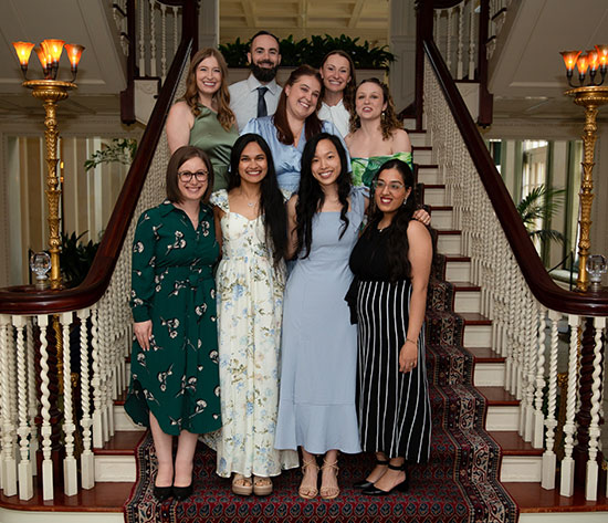 2025 Medicine-Pediatrics Residency graduates. Front: Jennifer Tich, MD, Sonia Joshi, MD, Grace Ng, MD, and Kunali Gurditta, MD. Middle: Jenny Beuschel, MD, Rebekah Roll, MD, and Amanda Kaley, MD. Back: Justin Lansinger, MD, and Michelle Prong Geiger, MD. Photo credit: Alliet Photography.