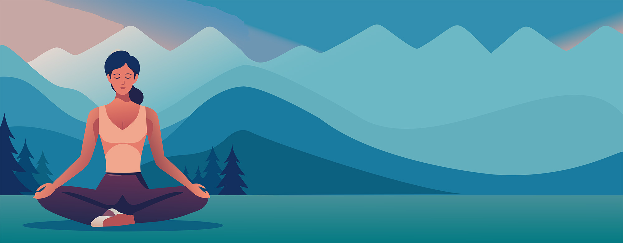 Woman mediating with mountains in background