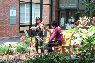 a women playing a violin and a man playing a guitar