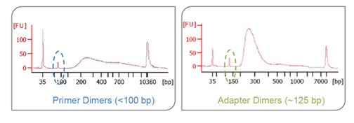 Image 1: Presence of primer dimers in library trace at 100 basepairs. Image 2: Presence of adapter dimers in library trace at 125 to 150 basepairs.