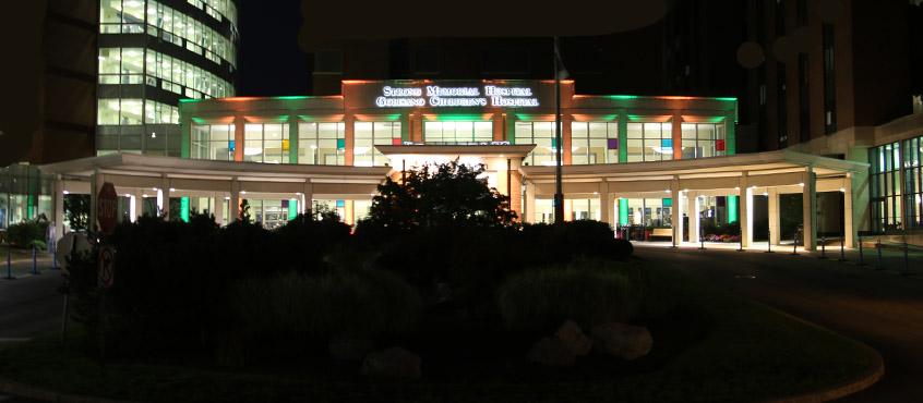 Colorful Pillars of Light Shine on Strong Memorial Hospital Entrance